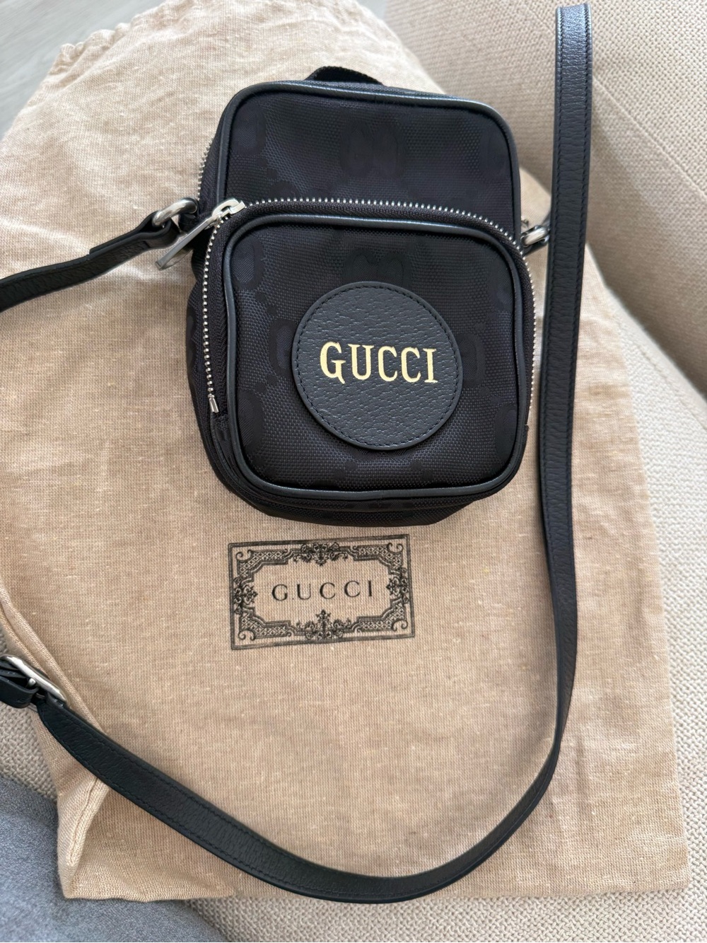 Gucci Black Nylon Logo Belt/Crossbody Bag with Gold Emblem